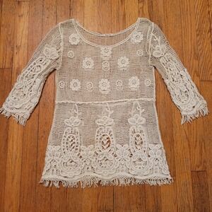 Phase One M Crochet Top Cream Fringe Boho Sheer Tunic Earthy Granola Cottage
